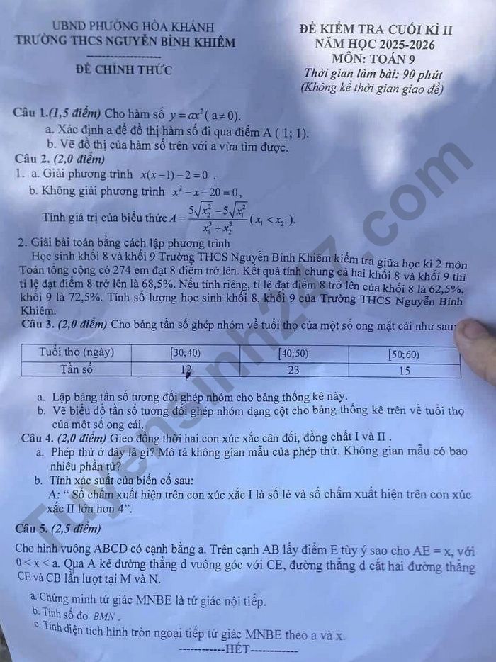De thi cuoi ki 2 mon Toan 9 THCS Nguyen Binh Khiem 2026