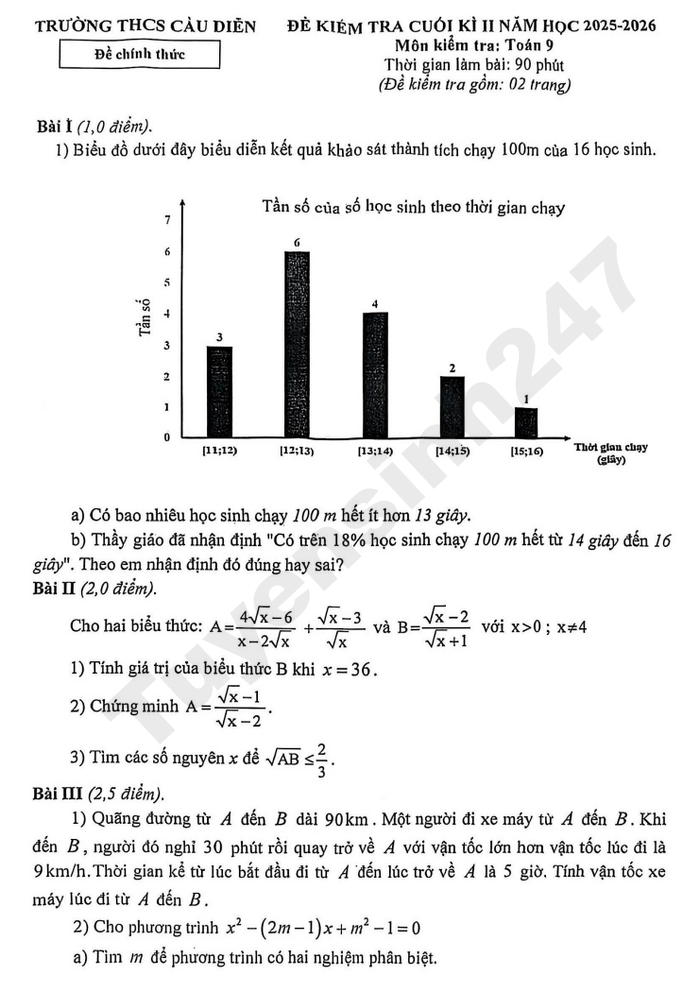 De thi cuoi ki 2 Toan lop 9 THCS Cau Dien 2026