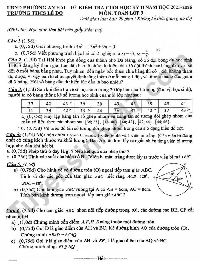 De thi ki 2 nam 2026 mon Toan 9 - THCS Le Do