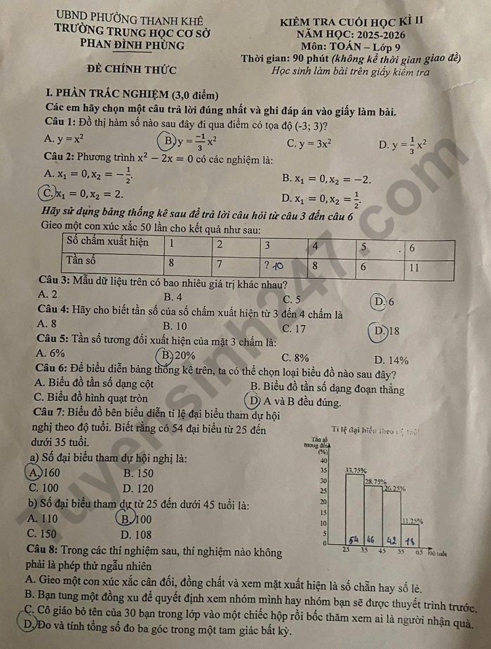 De thi hoc ki 2 nam 2026 THCS Phan Dinh Phung - mon Toan lop 9