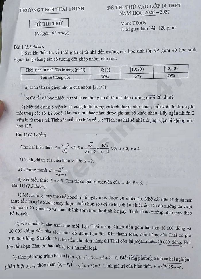 De thi thu vao lop 10 mon Toan 2026 - THCS Thai Thinh