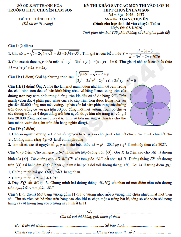 De thi thu vao lop 10 THPT Chuyen Lam Son 2026 - mon Toan chuyen