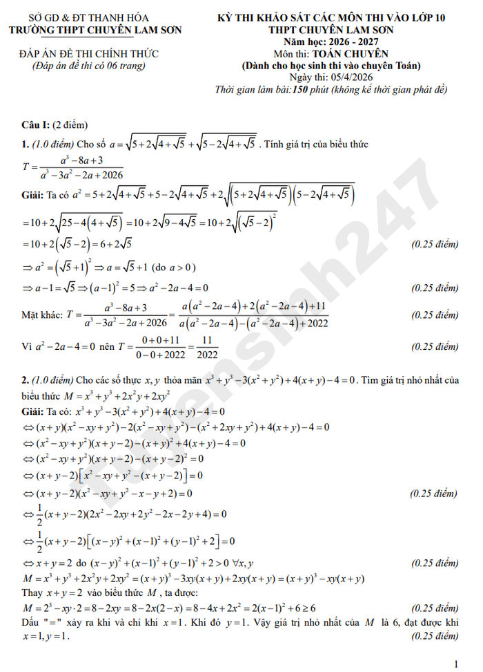 De thi thu vao lop 10 THPT Chuyen Lam Son 2026 - mon Toan chuyen