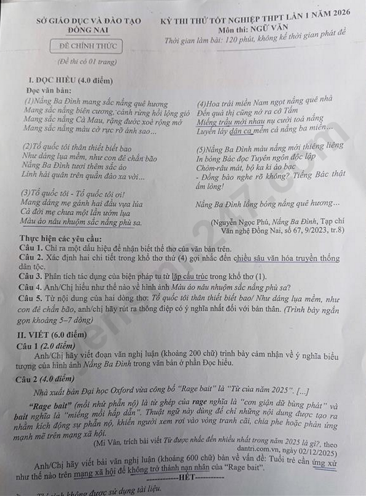 De thi thu tot nghiep THPT mon Van 2026 - So GD Dong Nai (Lan 1)