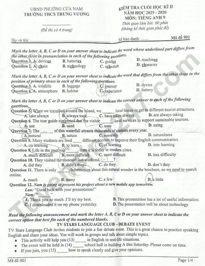 De thi hoc ki 2 lop 9 mon Anh - THCS Trung Vuong 2026