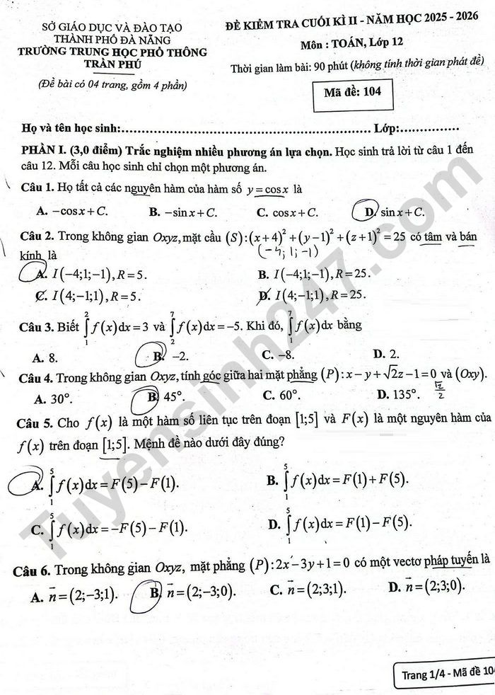 De thi cuoi ki 2 lop 12 mon Toan 2026 - THPT Tran Phu