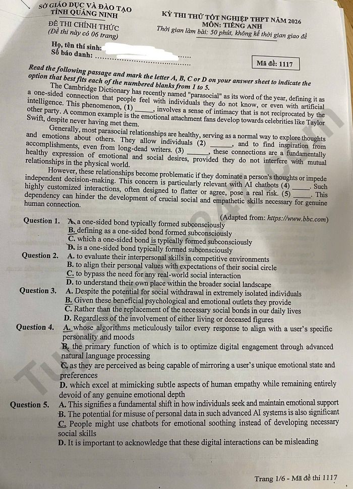 De thi thu tot nghiep THPT 2026 mon Anh - Quang Ninh