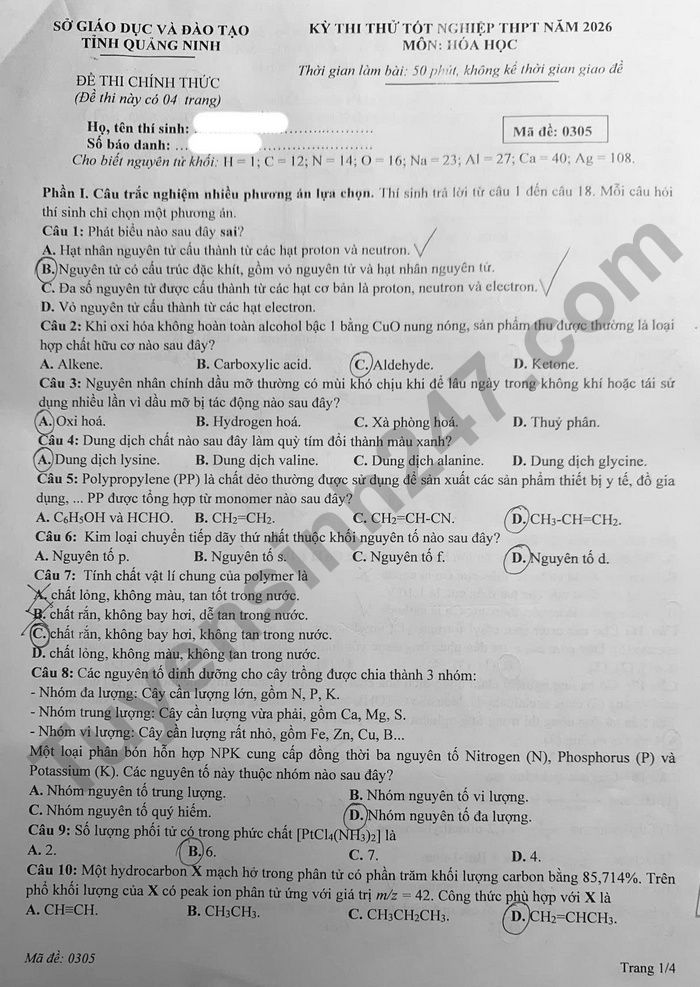 De thi thu tot nghiep THPT 2026 So GD Quang Ninh - mon Hoa