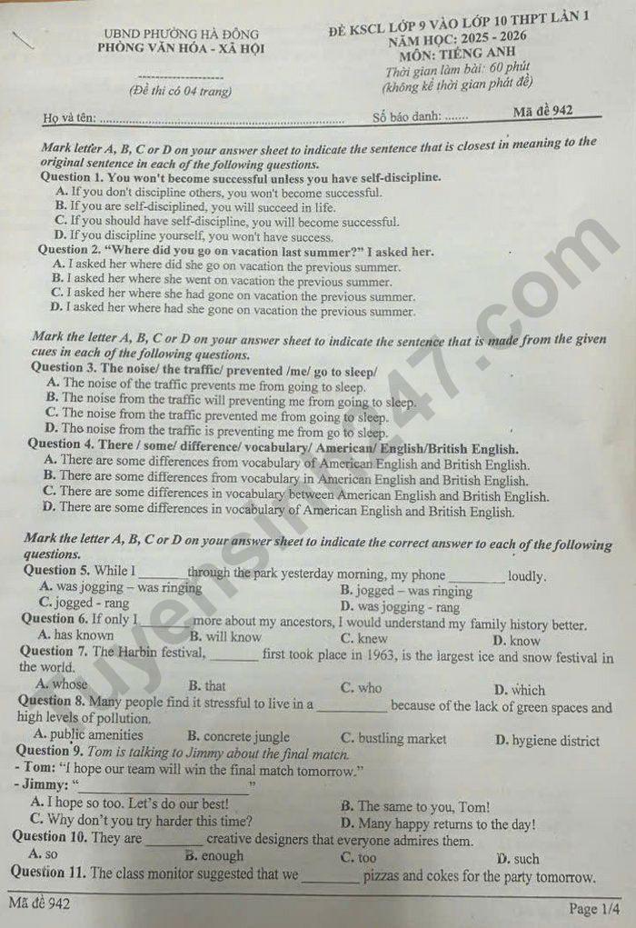 De thi thu vao lop 10 mon Anh 2026 - phuong Ha Dong (lan 1)