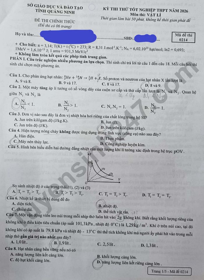 De thi thu mon Ly tot nghiep THPT 2026 - Quang Ninh