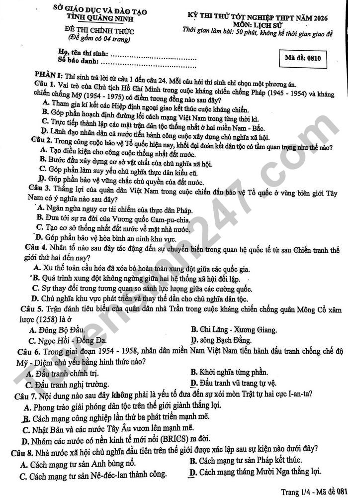 De thi thu tot nghiep mon Su 2026 - So GD Quang Ninh