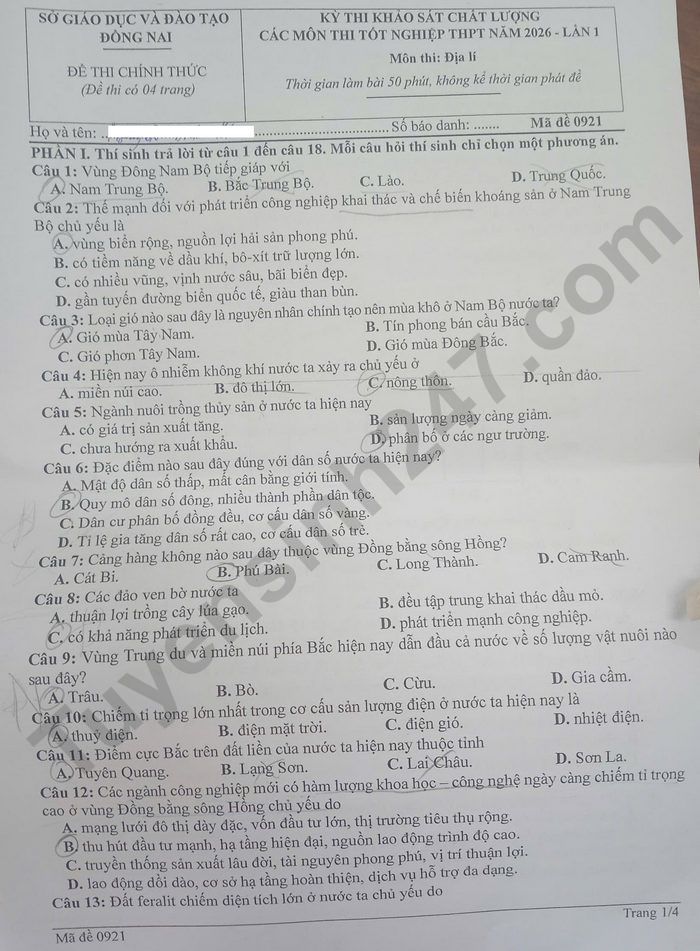 De thi thu tot nghiep THPT 2026 mon Dia lan 1 - So GD Dong Nai