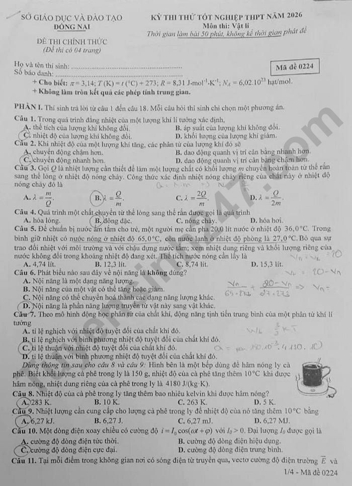 De thi thu tot nghiep THPT 2026 So GD Dong Nai - mon Ly