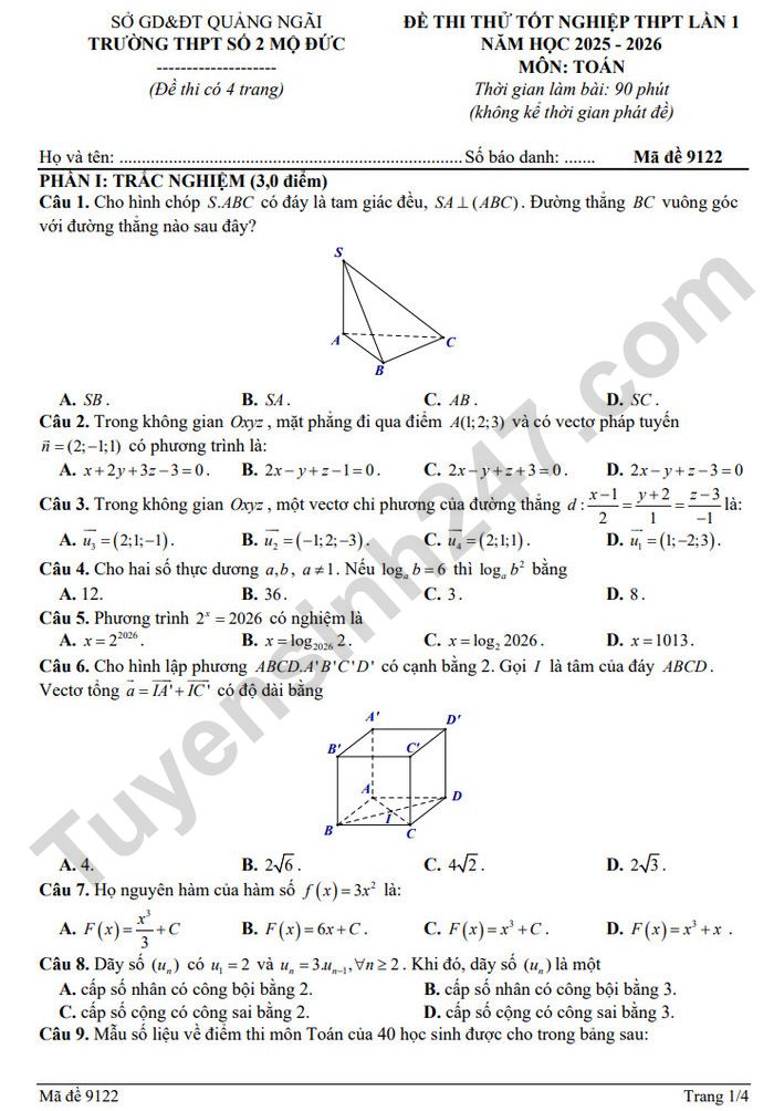 De thi thu tot nghiep THPT mon Toan 2026 - THPT so 2 Mo Duc (lan 1)