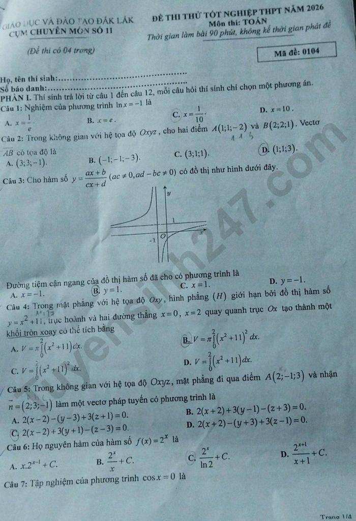 De thi thu tot nghiep THPT 2026 mon Toan - Cum chuyen mon 11 Dak Lak