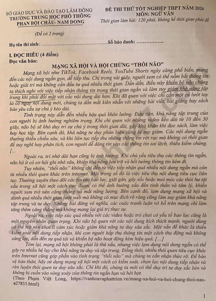De thi thu mon Van tot nghiep THPT 2026 - THPT Phan Boi Chau - Nam Dong
