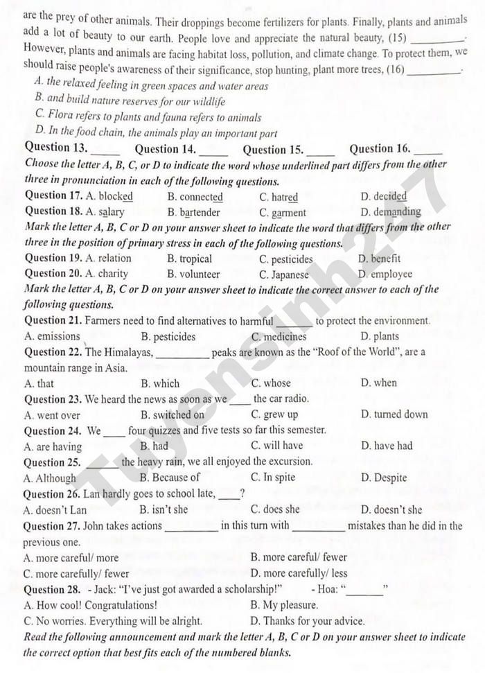 De thi cuoi ki 2 lop 9 mon Anh - THCS Quang Trung 2026