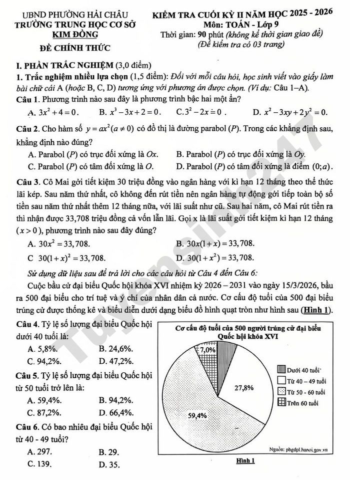 De thi hoc ki 2 lop 9 mon Toan 2026 - THCS Kim Dong