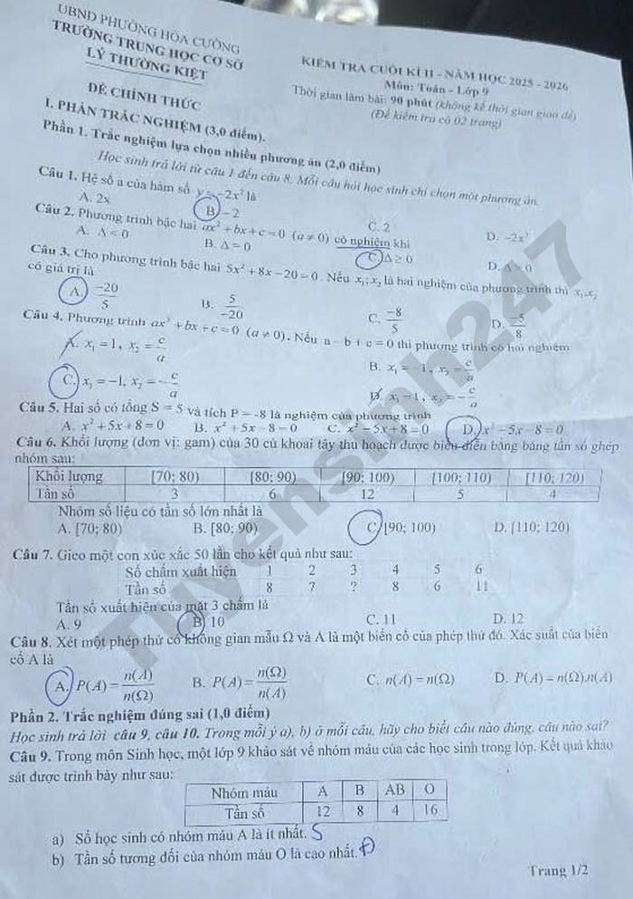 De thi cuoi ki 2 Toan lop 9 THCS Ly Thuong Kiet 2026