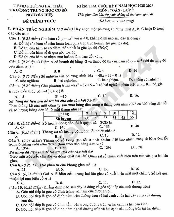 De thi cuoi ki 2 mon Toan 9 THCS Nguyen Hue 2026