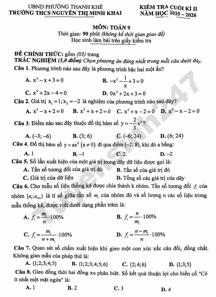 De thi cuoi ki 2 nam 2026 THCS Nguyen Thi Minh Khai - mon Toan 9