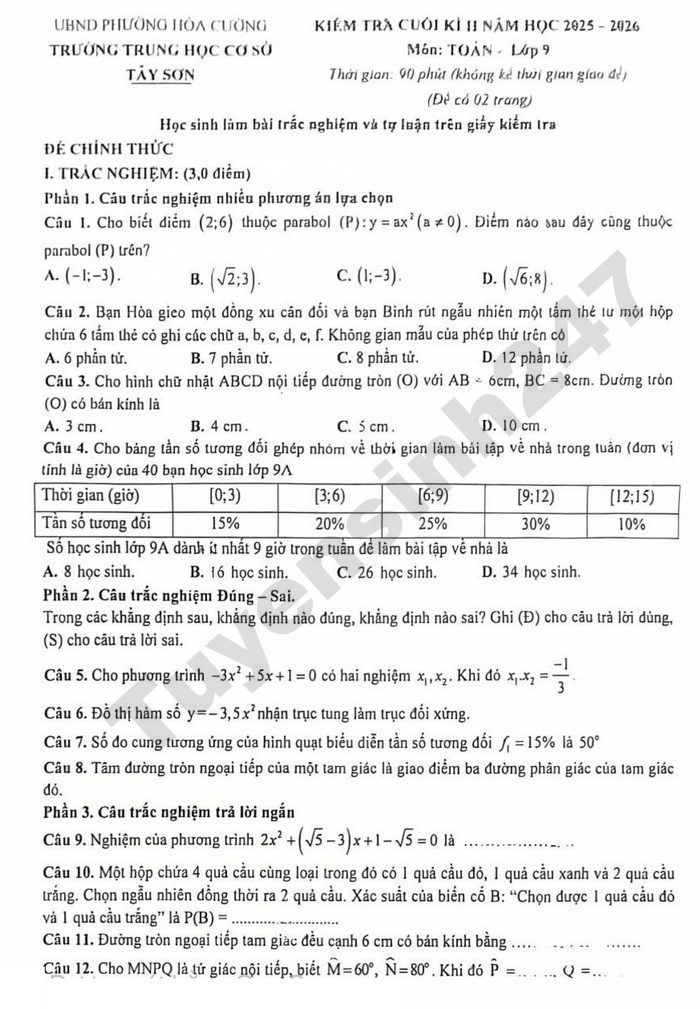 De thi cuoi ki 2 lop 9 mon Toan 2026 - THCS Tay Son
