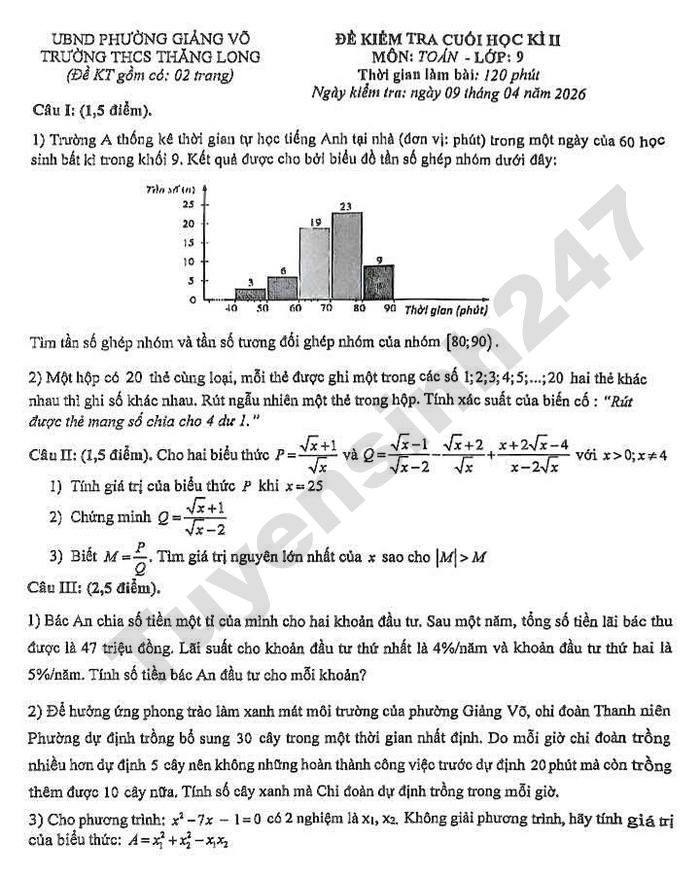De thi cuoi ki 2 lop 9 mon Toan 2026 - THCS Thang Long