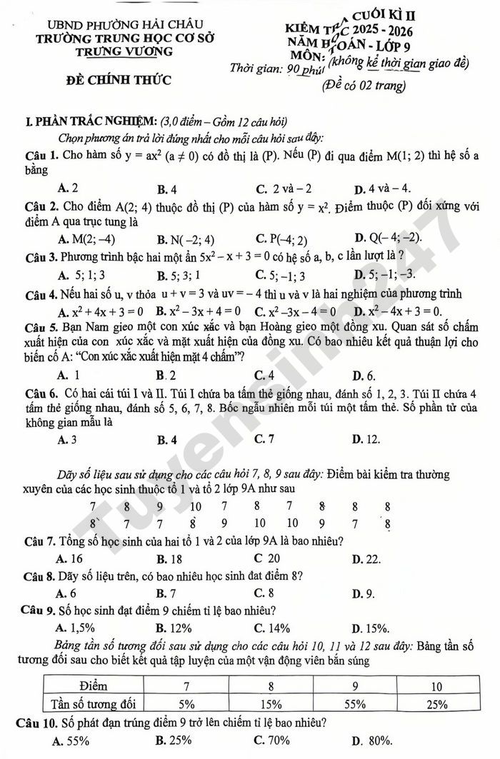 De thi cuoi ki 2 nam 2026 Toan lop 9 THCS Trung Vuong - Da Nang