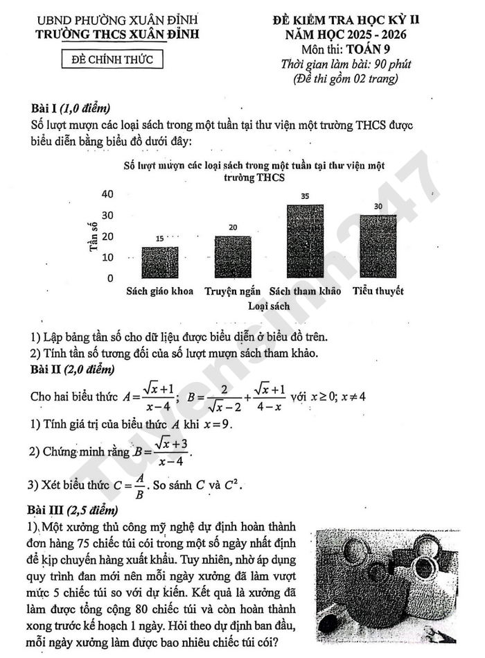De thi hoc ki 2 mon Toan 9 THCS Xuan Dinh nam 2026