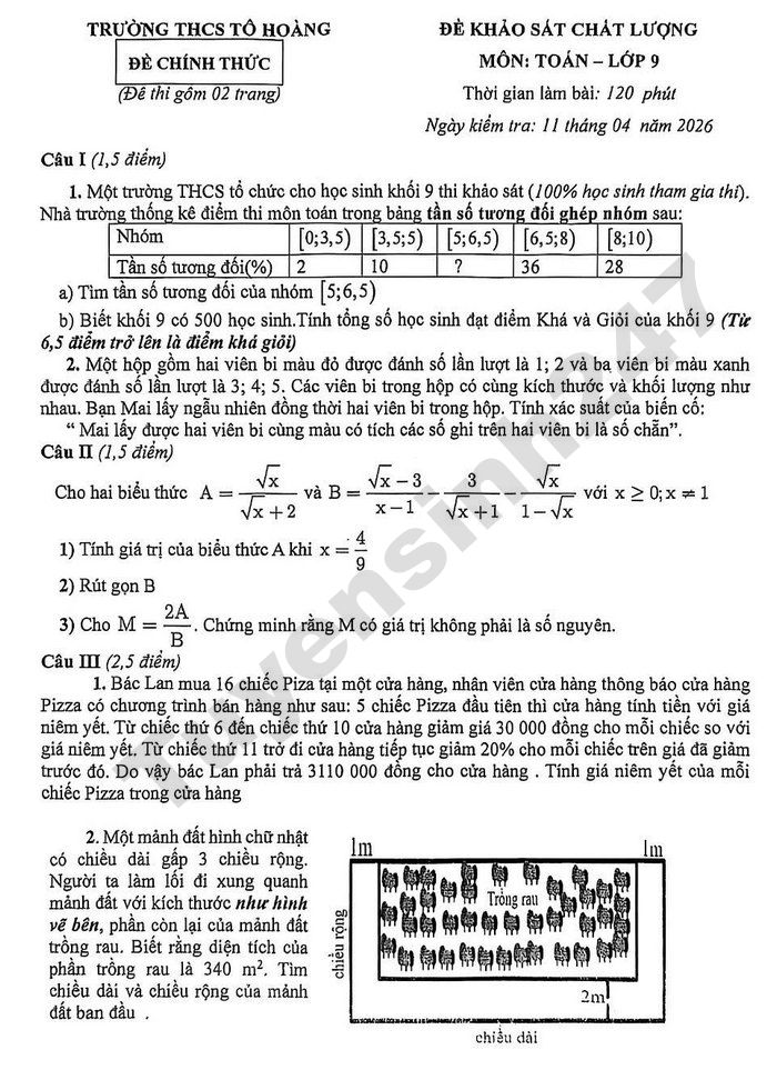 De thi thu vao lop 10 mon Toan 2026 - THCS To Hoang