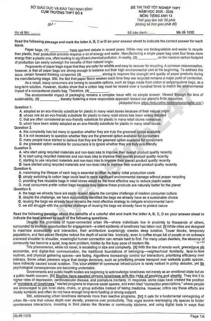 De thi thu tot nghiep THPT 2026 mon Anh - Cum truong THPT so 8 Ninh Binh