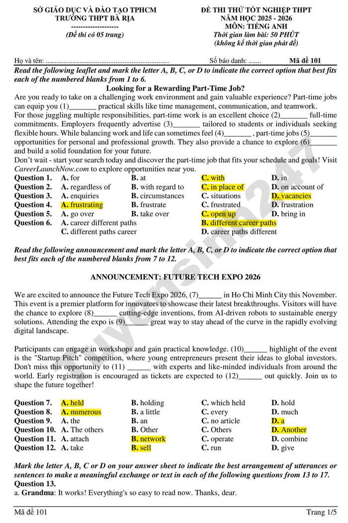 De thi thu tot nghiep THPT 2026 THPT Ba Ria - mon Anh