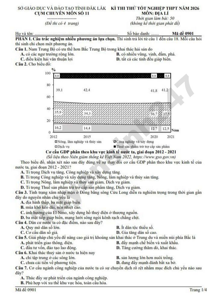 De thi thu TN THPT nam 2026 mon Dia - Cum chuyen mon 11 Dak Lak