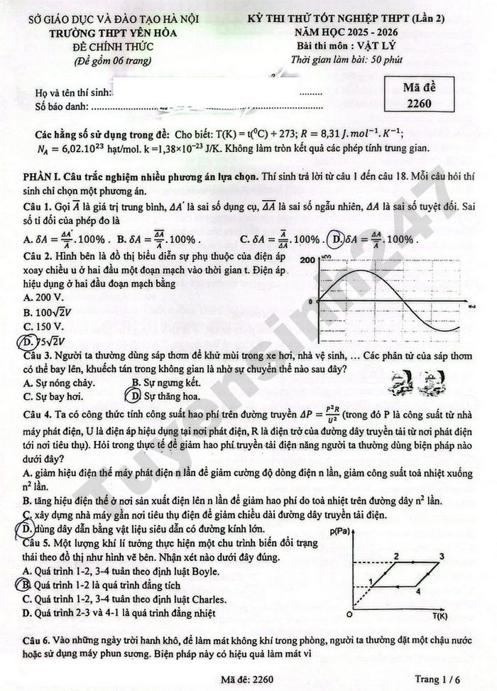 De thi thu tot nghiep THPT mon Ly 2026 - THPT Yen Hoa (lan 2)