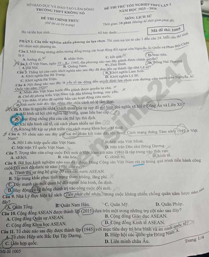 De thi thu tot nghiep THPT 2026 mon Su - THPT Krong No (lan 1)
