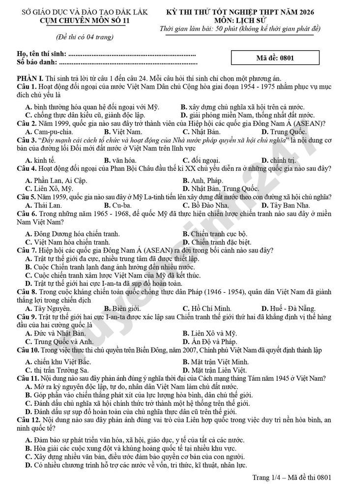 De thi thu mon Su tot nghiep THPT 2026 - Cum chuyen mon 11 Dak Lak (co dap an)
