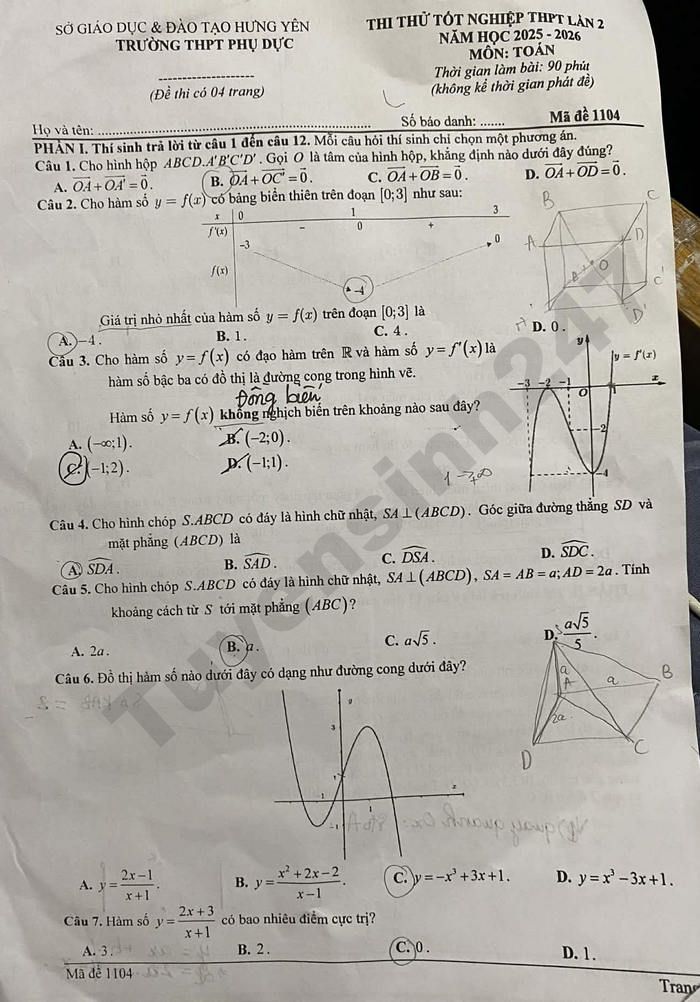 De thi thu tot nghiep THPT mon Toan 2026 - THPT Phu Duc lan 2
