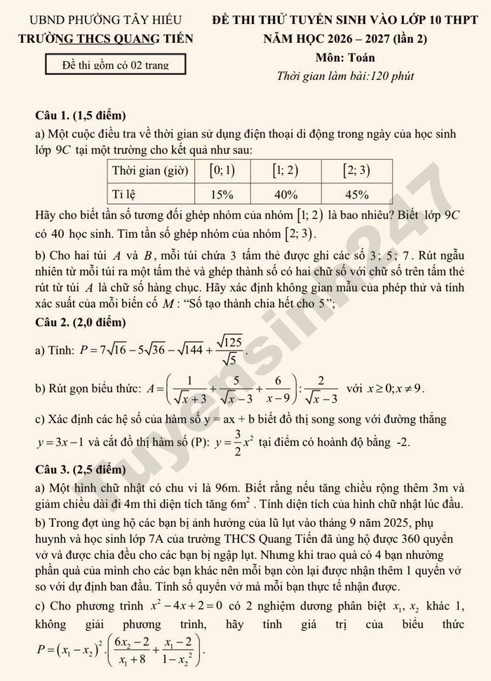 De thi thu mon Toan vao lop 10 nam 2026 - THCS Quang Tien lan 2