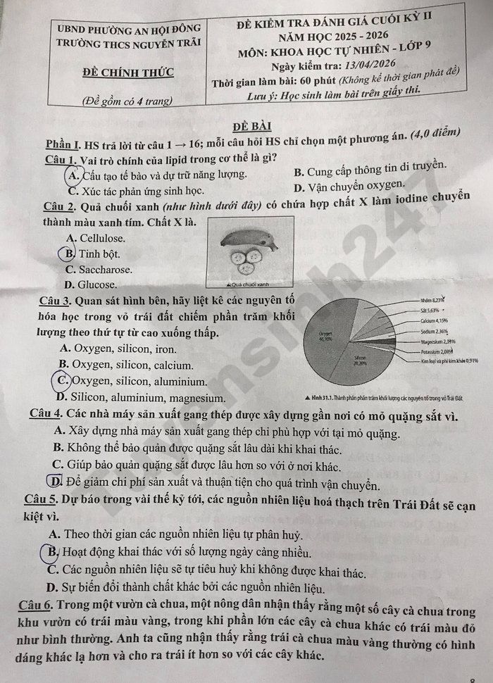 De thi hoc ki 2 mon KHTN lop 9 THCS Nguyen Trai 2026