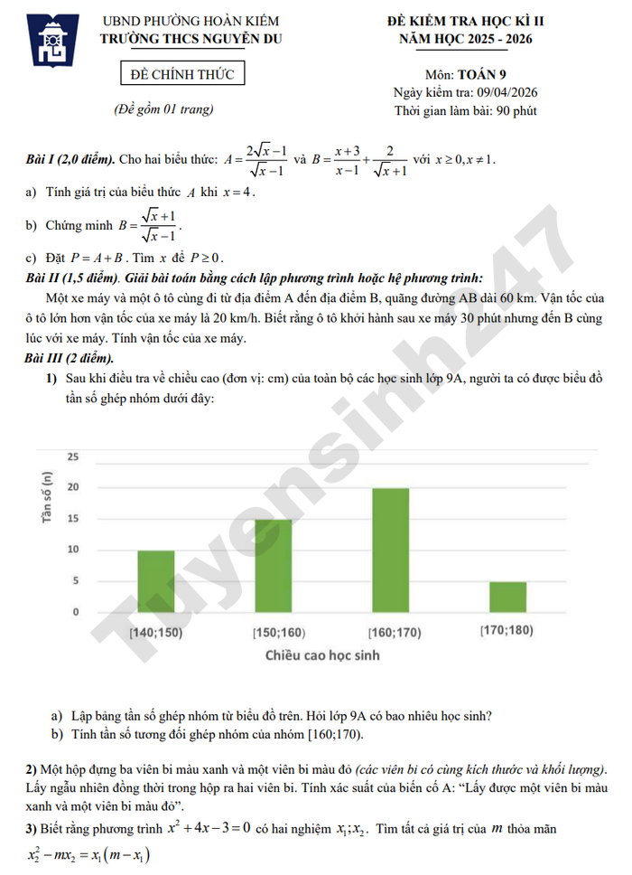 De thi hoc ki 2 mon Toan 9 THCS Nguyen Du 2026 - co dap an