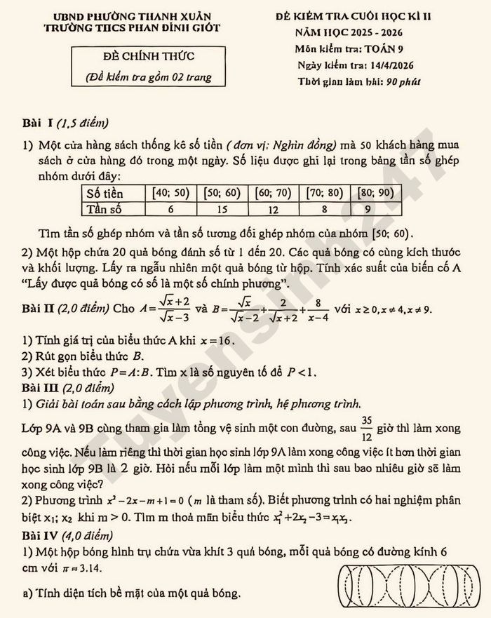 De thi hoc ki 2 nam 2026 THCS Phan Dinh Giot - mon Toan 9