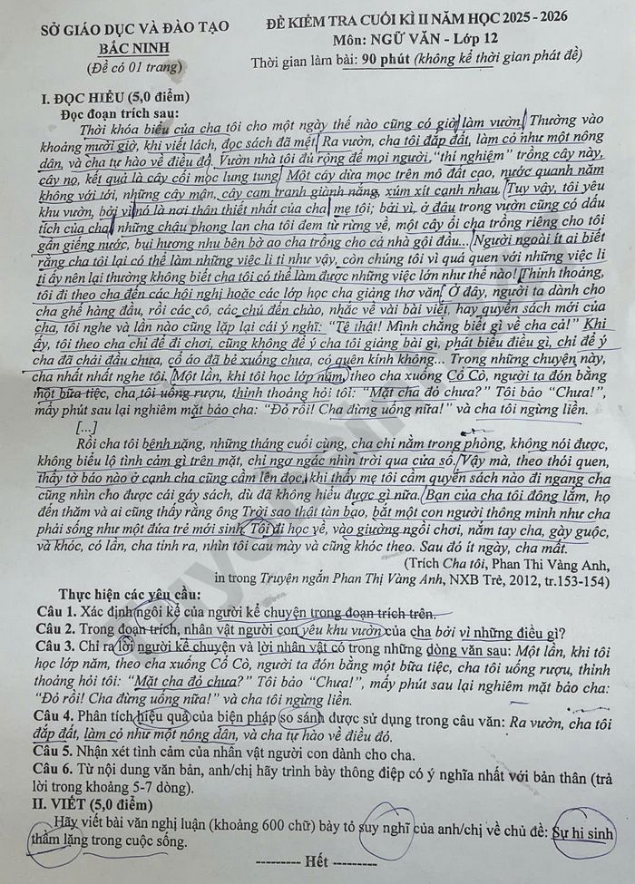 De thi cuoi ki 2 lop 12 mon Van 2026 - So GD Bac Ninh