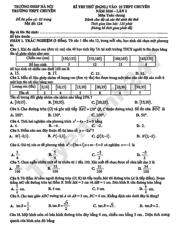 De thi thu vao lop 10 mon Toan 2026 lan 2 - THPT chuyen DHSP Ha Noi