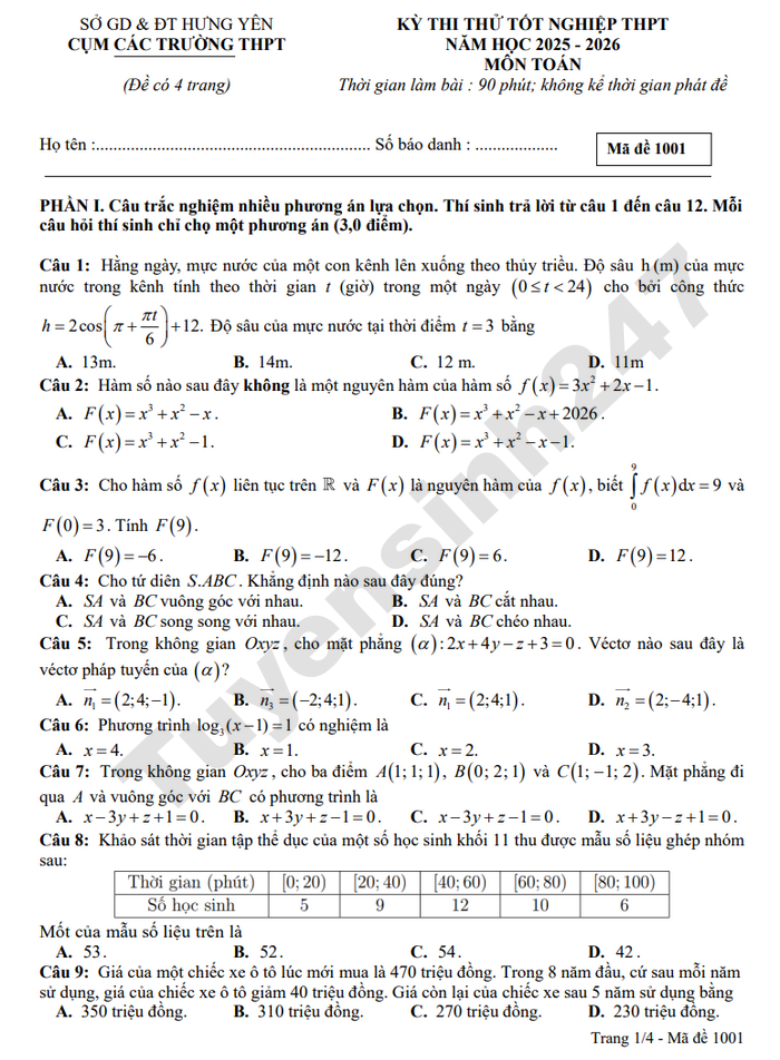 De thi thu tot nghiep THPT mon Toan 2026 - Cum truong THPT Hung Yen