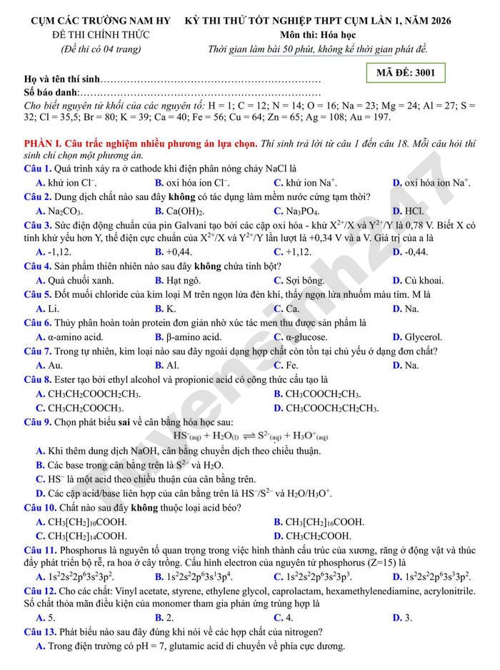 De thi thu tot nghiep THPT 2026 mon Hoa - Cum truong Nam HY (lan 1)