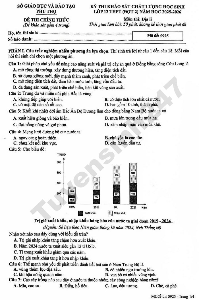 De thi thu tot nghiep THPT mon Dia 2026 dot 2 - Phu Tho