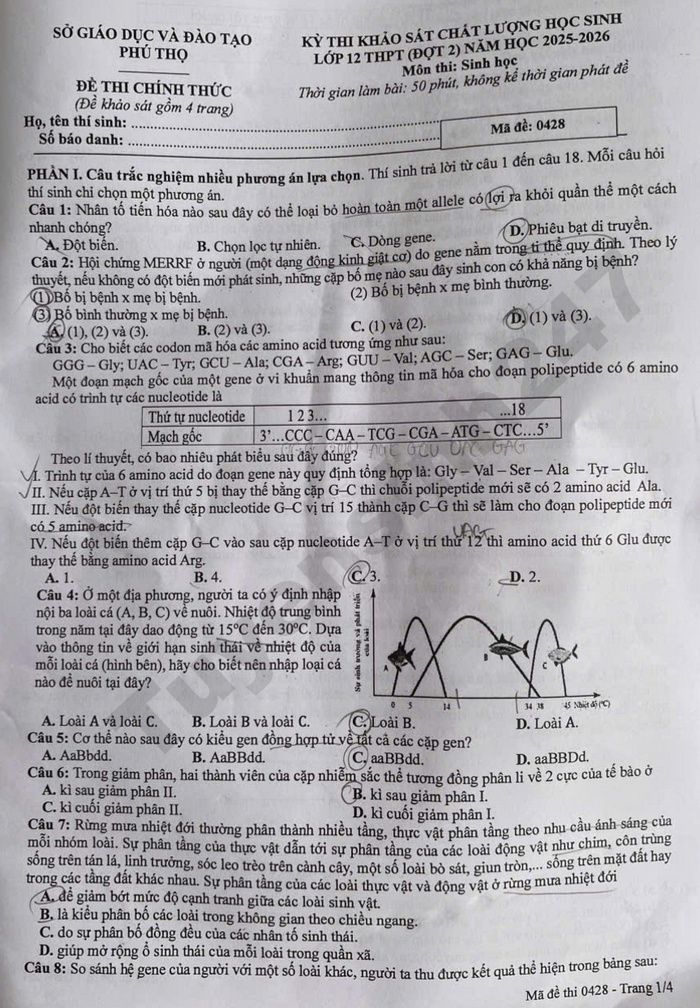 De thi thu tot nghiep THPT mon Sinh 2026 - Phu Tho dot 2