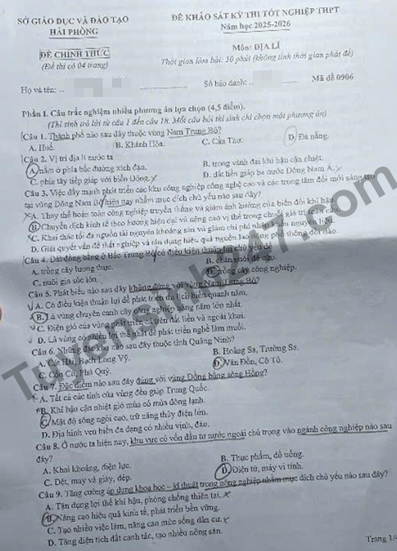 De khao sat mon Dia tot nghiep THPT - So GD Hai Phong nam 2026