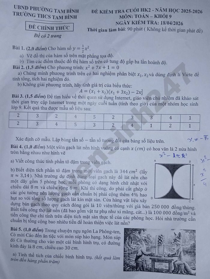 De thi cuoi ki 2 lop 9 mon Toan 2026 - THCS Tam Binh