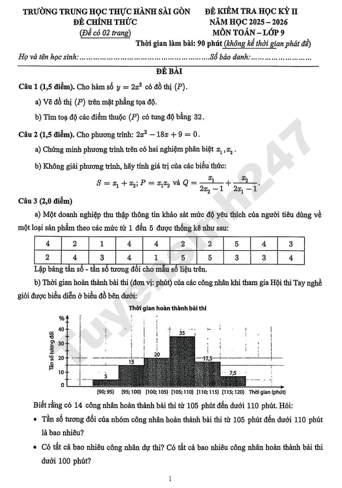 De thi hoc ki 2 nam 2026 Toan lop 9 - Trung hoc Thuc hanh Sai Gon